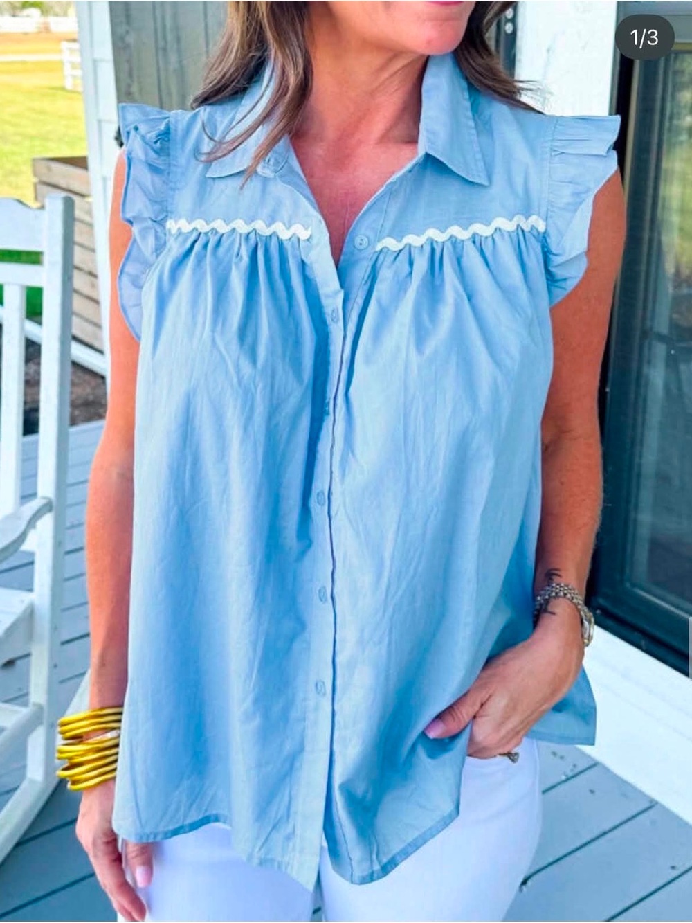 Source Unknown Light Blue Ruffle Sleeve Button-Front Blouse